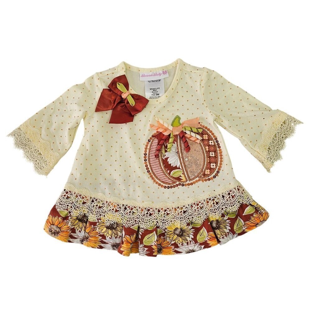 Bonnie Baby 3D Sparkly Pumpkin Dress 0-3M Newborn Long Slv Brown Gold White NEW